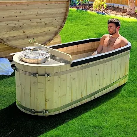 Aleko Natural Pine Hot Tub and Cold Plunge Tub with Charcoal Stove